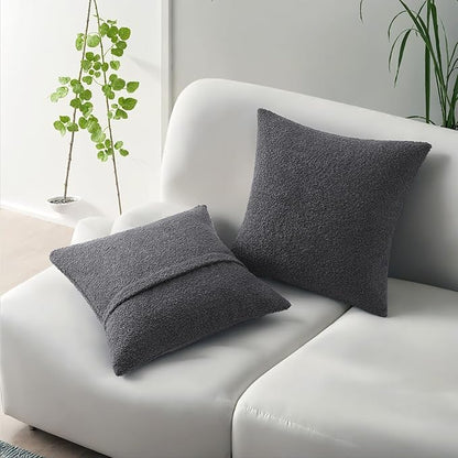 HAUSSY Set of 2 18x18 Decorative Throw Pillow Covers, Soft Cozy Textured Boucle Couch Cases, Home Decor for Couch Bed Living Room,Dark Grey
