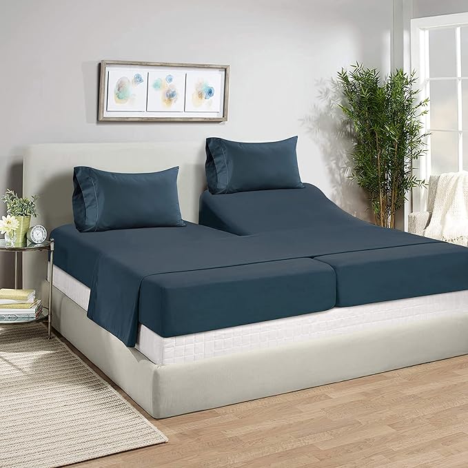 LANE LINEN 100% Egyptian Cotton Split King Sheets for Adjustable Beds - Soft & Comfy Sateen Weave Naturally Cooling Breathable Oeko Tex Certified Bed Sheets - Dark Denim