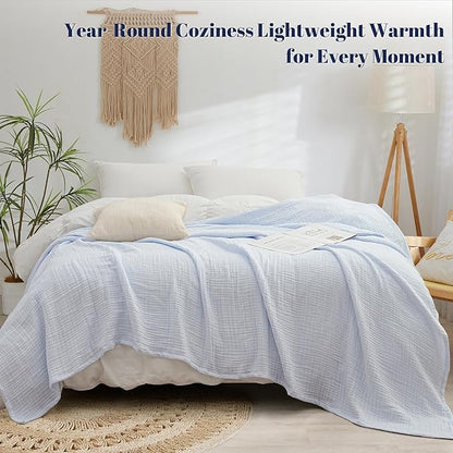 PHF 100% Cotton Muslin Blanket King Size 108"x90", 4-Layer Lightweight Gauze Throw, Breathable Cloud-Soft Minimalist Blanket for Bed, Couch, Camping & Baby, Ancient Water, Ideal Gift