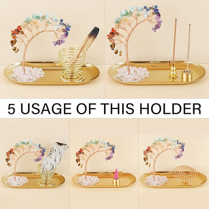 ZenBless 7 Chakra Healing Crystal Tree Incense Holder Palo Santo Sage Burner Brass Ash Catcher for Incense Sticks Coil Cones Yoga Meditation Zen Spiritual Room Home Decoration (Oval)