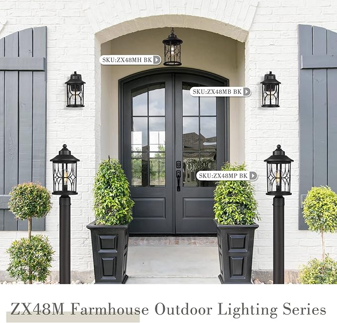 zeyu Farmhouse Exterior Post Light Fixture, 17 Inch Modern Outdoor Pole Light for House Patio Yard, Die-Cast Aluminum with Seeded Glass Shade, Black Finish, ZX48MP BK
