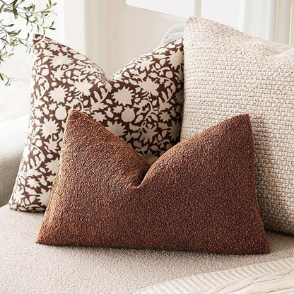 Foindtower Pack of 2 Textured Boucle Throw Pillow Covers Accent Solid Decorative Lumbar Pillow Cases Cozy Couch Cushion Case for Chair Sofa Bedroom Living Room Home Decor 12x20 Inch Red Taupe