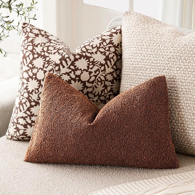 Foindtower Decorative Textured Boucle Throw Pillow Covers Accent Solid Lumbar Pillow Cases Neutral Soft Cozy Couch Cushion Case for Chair Sofa Bedroom Living Room Home Decor 12x20 Inch,1PC,Red Taupe