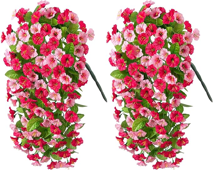 Artificial Fake Hanging Flowers Plants for Outdoor Decoration, 2PCS Faux Silk Morning Glory Long Vines Stems UV Resistant Look Real for Spring Summer Outside Home Porch Patio(Rose Red)