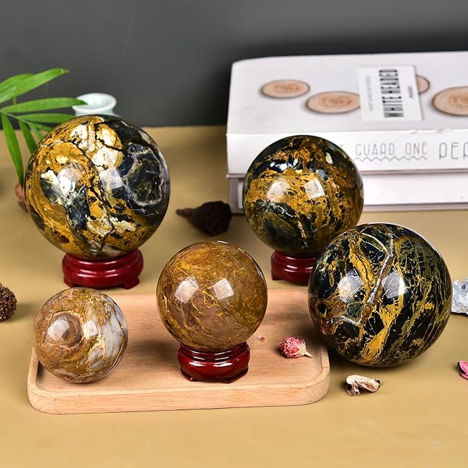 JIC Gem Pietersite Crystal Sphere with Wooden Stand, Blues and Golden Browns, 100-110mm