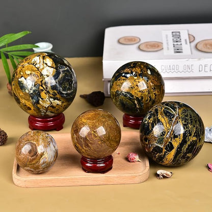JIC Gem Pietersite Crystal Sphere with Wooden Stand, Blues and Golden Browns, 100-110mm