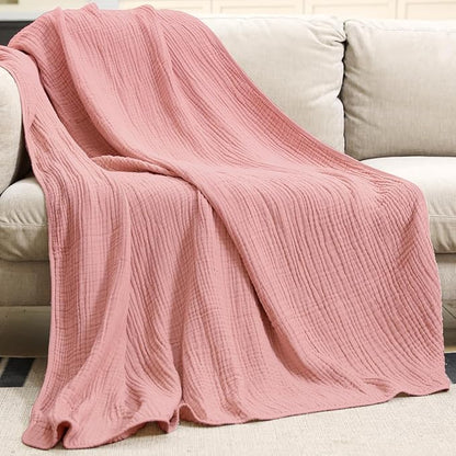 Yoofoss Muslin Blanket 100% Organic Cotton Throw Large 50" x 60" for Bed Couch Summer Gauze Blanket for Adults Lightweight and Breathable Bean Paste