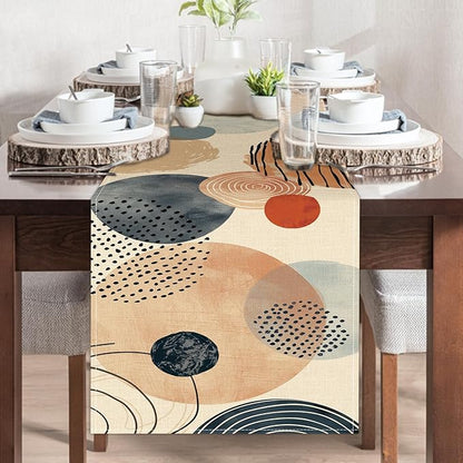 Boho Modern Geometric Dining Table Runner, Circle Abstract Art Burlap Kitchen Decoration, Minimalist Indoor Outdoor Home Decor Party Supply 13 x 72 Inches
