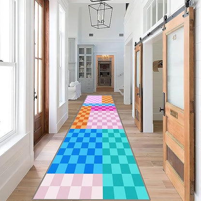Multicolored Checkerboard Grid Runner for Entryway, 4x10ft, Boho Colorful Checkered Pattern Kids Playing Mat, Cozy Soft Absorbent Reduce Noise Rugs, Durable Washable Carpet for Family