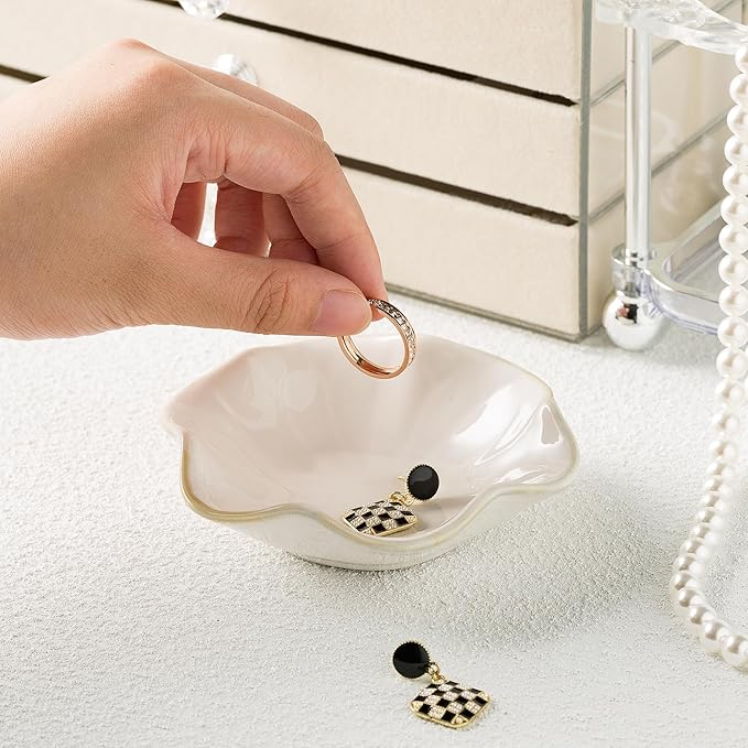 Ceramic Ring Dish, Jewelry Dish Holder, Small Trinket Tray Plate for Earrings Rings Necklaces Keys, for Mom Friend Sister (White Surface)