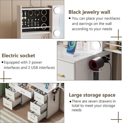 White Makeup Vanity Desk with Lighted Mirror & Power Outlet,3 Color Modes, Brightness Adjustable,Vanity Table with Drawer,Sliding 2 Storage Wall-Mounted Jewelry,4 Shelves for Bedroom