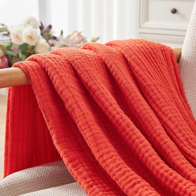 EMME Cotton Twin Blanket - 100% Muslin Soft, Breathable Gauze - All Season, Pre-Washed - Orange Rust, 60"x80"