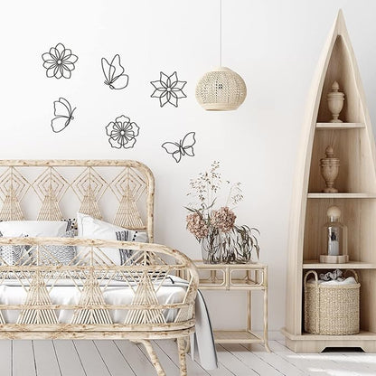 Hotop 6 Pieces Metal Butterfly Wall Decor Metal Wall Art Heart Hanging Decorations Wire Flowers Decals Decor for Kitchen Bathroom Indoor Outdoor Wedding Birthday Party(Stylish,Black)