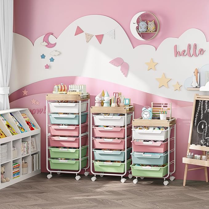 Rolling Storage Utility Cart With 6 Drawers,Art Supply Craft Organizer,Sewing Makeup Organizer And Storage,Office Organization Wooden Tabletop,Colorful