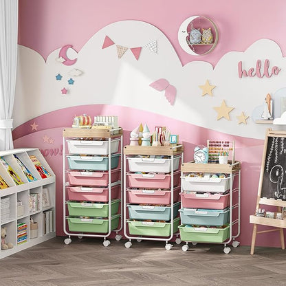 Rolling Storage Utility Cart With 6 Drawers,Art Supply Craft Organizer,Sewing Makeup Organizer And Storage,Office Organization Wooden Tabletop,Colorful