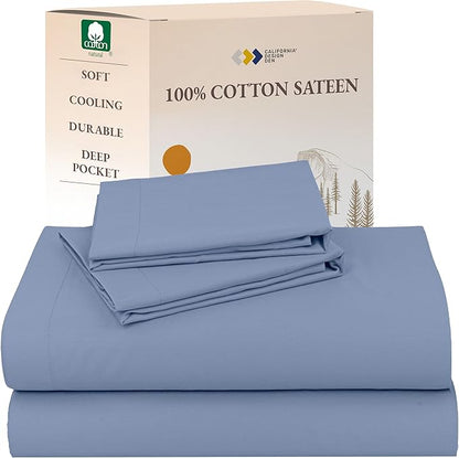 California Design Den King Size Sheets Set - Natural 100% Cotton Sheets King Size with Deep Pockets, Soft Sateen Weave, Breathable and Durable Bedding Set (Blue Hydrangea)