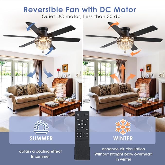Asyko Crystal Ceiling Fan Fandelier with Lights - 52" Outdoor Fans with Remote Control，Crystal Ceiling Fans Noiseless DC Motor, Retro/Farmhouse Lighting, Dining Room,Living Room