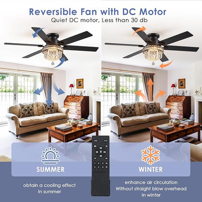 Asyko Crystal Ceiling Fan Fandelier with Lights - 52" Outdoor Fans with Remote Control，Crystal Ceiling Fans Noiseless DC Motor, Retro/Farmhouse Lighting, Dining Room,Living Room