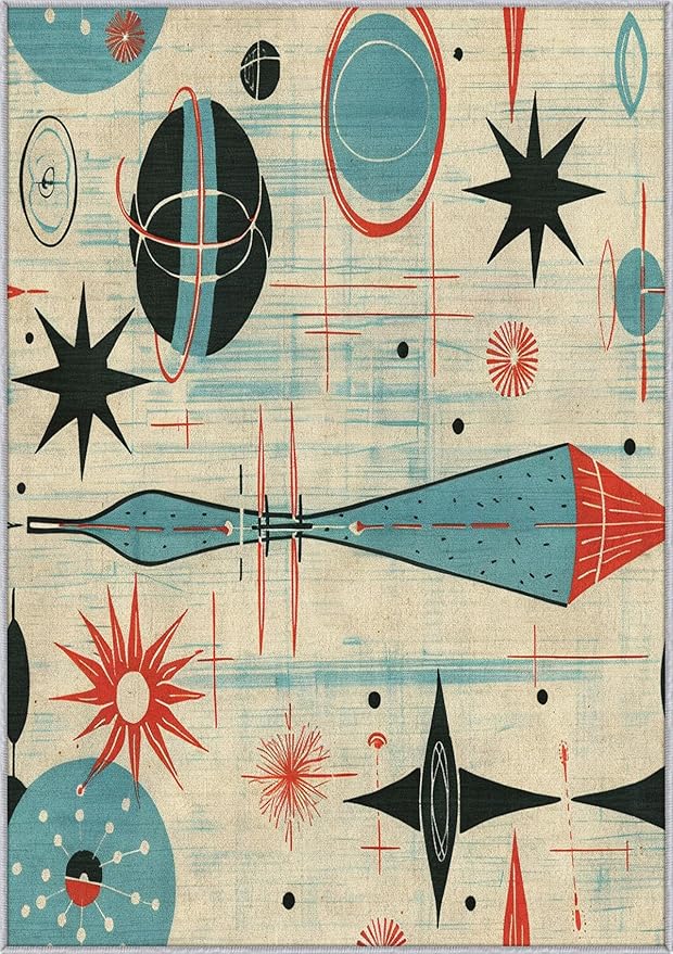 Mid Century Rug 4x5 Retro Abstract Atomic Starburst Pattern, Washable Living Room Bedroom Area Rugs, Mid Century Decor for Home, Soft Non Slip Indoor Carpet, Low Pile Design & G861