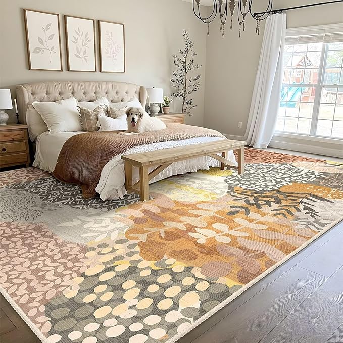 DEXDE Fall Large Area Rugs 9x12 Living Room, Floral Washable Rug Boho Print Vintage Low Pile Non Slip Carpet for Bedroom Kids Room Nursery Office Dinning Room,Camel