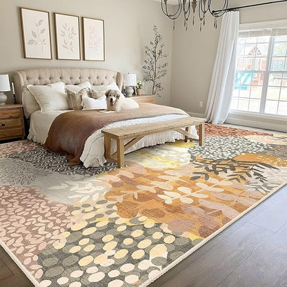 DEXDE Fall Large Area Rugs 9x12 Living Room, Floral Washable Rug Boho Print Vintage Low Pile Non Slip Carpet for Bedroom Kids Room Nursery Office Dinning Room,Camel