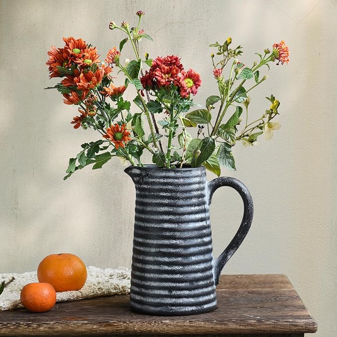 Quoowiit Ceramic Rustic Vase with Handle, Black Distressed Decorative Farmhouse Pitcher Vase for Home Decor Living Room Bedroom Kitchen Office Shelf Decor Centerpiece Table Decoration