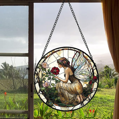 Stained Glass Window Hanging - Butterfly Flower Fairy Suncatcher for Door Terrace Garden Home Decor Yellow Green Plants Sun Catcher Birthday Gifts for Lovers Women Men Dad Mom Nana 11.8 in