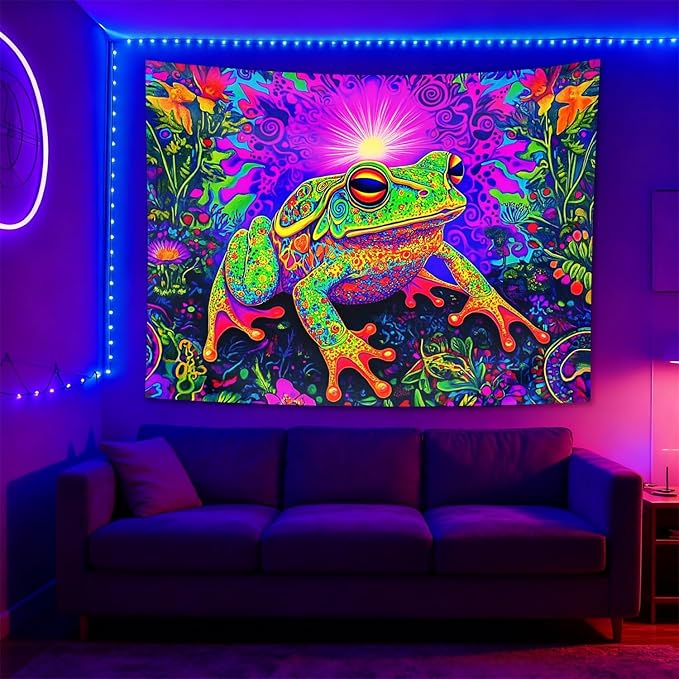 seewan Black Light Frog Tapestry, Glow-in-the-Dark UV Neon Psychedelic Toad with Sunlight Tapestry, Psychedelic Abstract Natural Animal Art Tapestry, Bedroom Dorm Living Room Background Decor