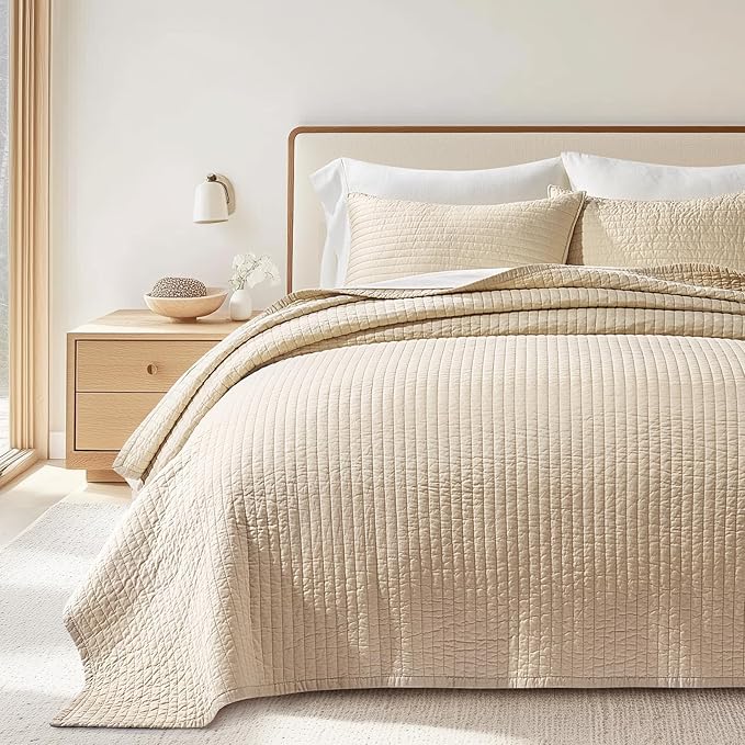 EVERGRACEHOME Cotton Sateen Quilt Set Queen Size, Pre-Washed Cotton Channel Stitch Coverlet Bedspread, 3 Pieces Lightweight Soft Bedding Sets for All Season, with 2 Pillow Shams, Light Sand