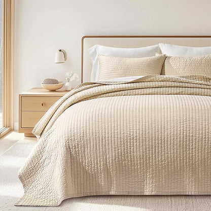EVERGRACEHOME Cotton Sateen Quilt Set Queen Size, Pre-Washed Cotton Channel Stitch Coverlet Bedspread, 3 Pieces Lightweight Soft Bedding Sets for All Season, with 2 Pillow Shams, Light Sand