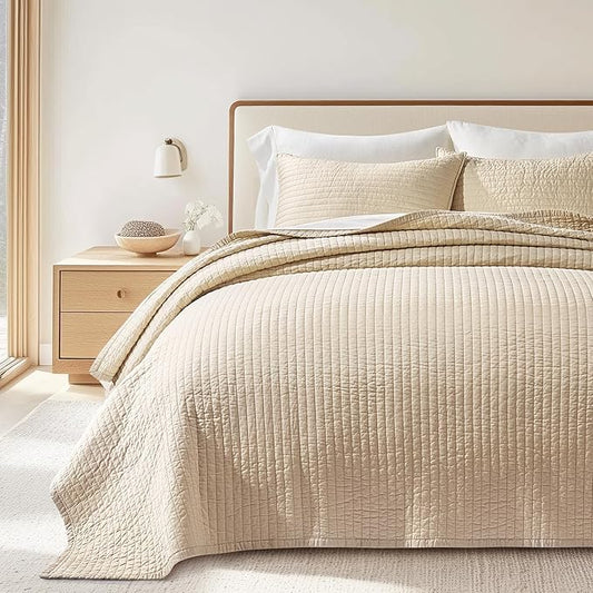 EVERGRACEHOME Cotton Sateen Quilt Set Queen Size, Pre-Washed Cotton Channel Stitch Coverlet Bedspread, 3 Pieces Lightweight Soft Bedding Sets for All Season, with 2 Pillow Shams, Light Sand