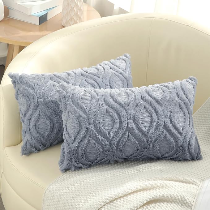 decorUhome Spring Throw Pillow Covers 12x20 Inch Set of 2, Soft Plush Faux Wool Blue Grey Solid Couch Pillow Covers, Accent Farmhouse Neutral Square Pillow Cases for Sofa Bed Living Room