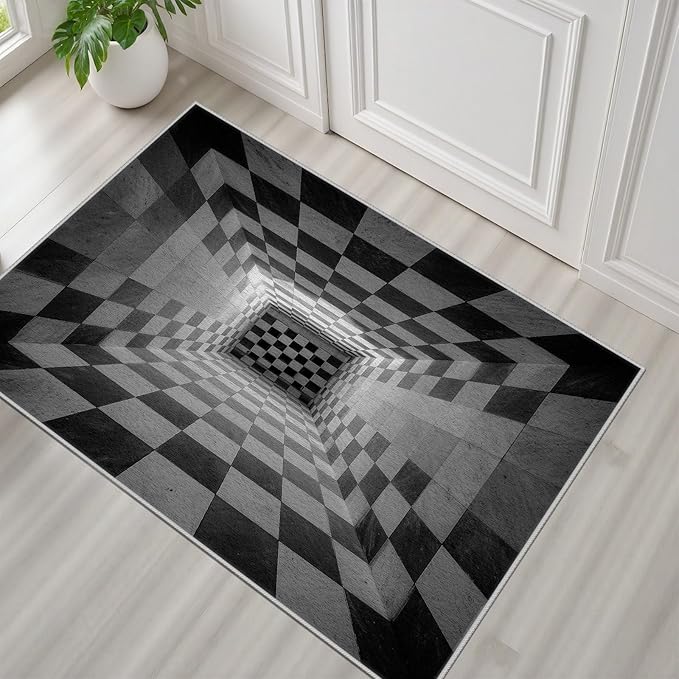 3D Rug 2x3, Plaid Soft Ultra Soft Faux Wool Low Pile Optical Illusion Rug, Indoor Floor Mats Abstract Geometric Carpet, Non-Slip Stain Resistant Washable Rugs, Modern Gray Rugs for Living Room