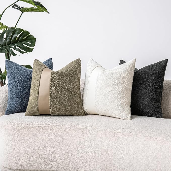 18"x18" Charcoal Black Boucle Throw Pillow Covers with Faux Leather Accents Set of 2 Fluffy Textured Decorative Pillow Cases for Couch Bed Boho Farmhouse Square Cushion Covers for Nordic Home