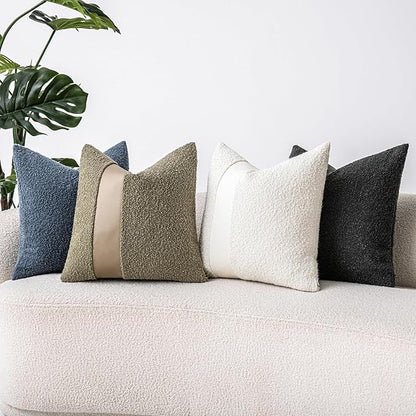 22"x22" Charcoal Black Boucle Pillow Covers with Faux Leather Accents Set of 2 Fluffy Textured Decorative Throw Pillow Cases for Couch Bed Boho Farmhouse Square Cushion Covers for Home Décor