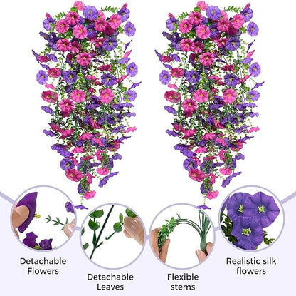 2PCS Artificial Hanging Flowers for Outdoor, Realistic Silk Morning Glory with Eucalyptus Vines, UV Resistant Faux Plants for Patio Balcony Garden Wall Home Decor Window Box Yard(Purplish Red)