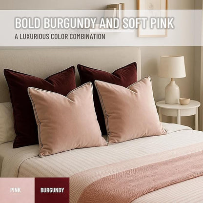 2 Pack Velvet Decorative Throw Pillow Covers, 20"x20", Pink and Grey, Solid, Modern, Contrast Piping, Indoor Use, Bedroom & Living Room