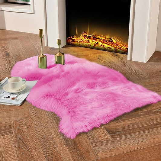 duduta Hot Pink Faux Sheepskin Throw Rug 2x3 ft, Fluffy Shag Girls Bedside Dorm Rug Fur Seat Chair Covers Washable