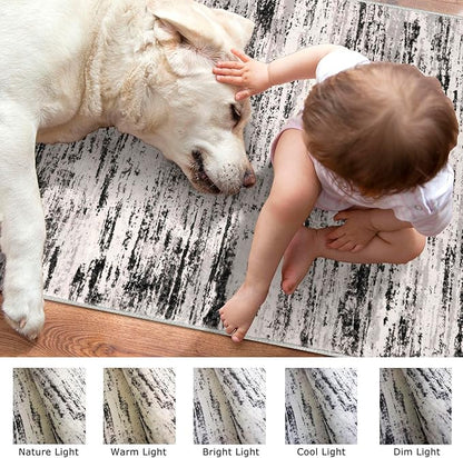 Modern Abstract Hallway Runner Rug, White Black Grey Taupe Washable Kitchen Runner Non-Slip Soft 2x8 Runner Rug Thin Print Faux Wool Carpet for Entryway Bedroom Laundry Room Indoor Home Decor