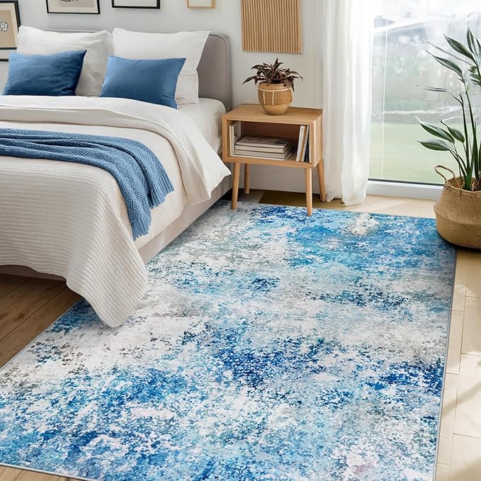 5x7 Washable Area Rugs - Living Room Rug Neutral Modern Abstract Large No Slip Soft Thin Rug Indoor Floor Carpet for Bedroom Under Dining Table Home Office Nursery Room - Blue White