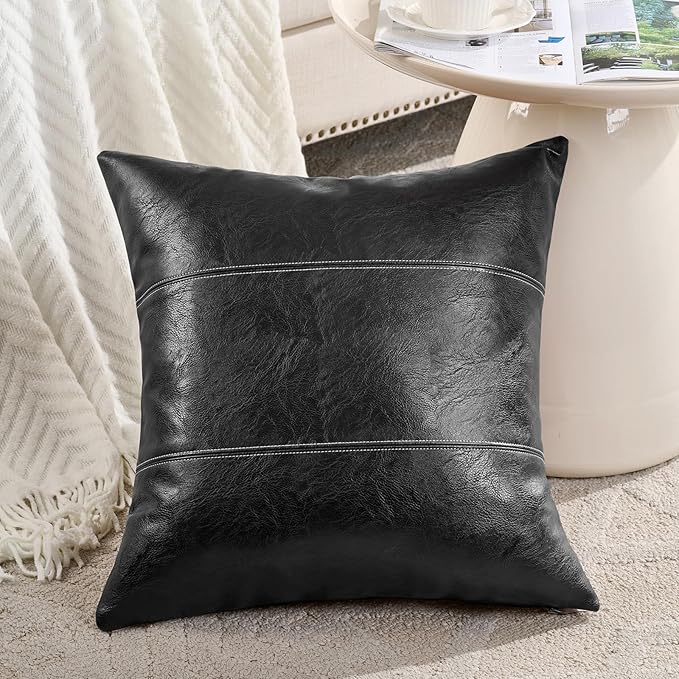 Fancy Homi 2 Packs Black Boho Faux Leather Decorative Throw Pillow Covers 20x20 Inch for Living Room Couch Bed Sofa, Rustic Modern Farmhouse Home Decor, Hand Stitched Square Cushion Case 50x50 cm