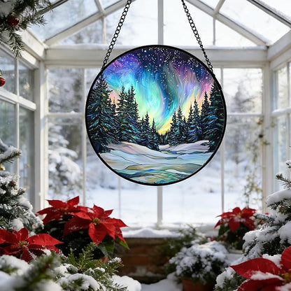 DASTOLL Stained Glass Window Hanging, Aurora Landscape Sun Catchers Glass Panel Green Trees Suncatcher Decor for Birthday for Women, Men, Wife, Aunt, and Mom 14.9x14.9 in