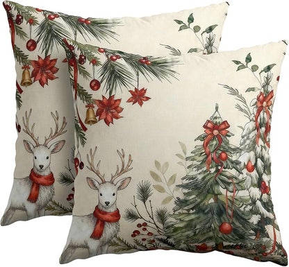 Christmas Pillow Covers 24x24 Set of 2 Green Tree Throw Pillow Covers Winter Pillowcase Linen Decoration Farmhouse Bell Deer Cozy Soft Cushion Case Couch for Indoor Outdoor Home Decor