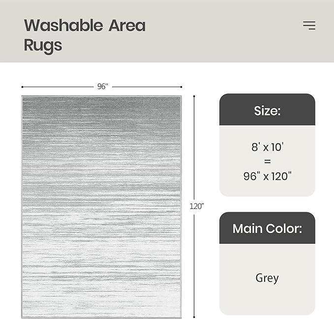 Valenrug Washable Rugs 8x10 - Non Slip 8x10 Area Rugs for Living Room, Stain Resistant Area Rugs for Bedroom, Foldable Machine Washable Area Rug(8'x10', Grey)