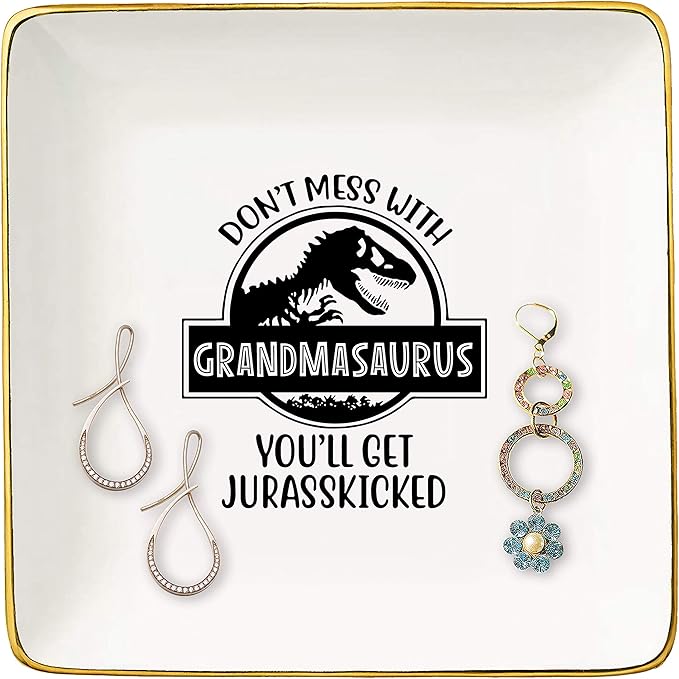 Funny Mother's Day Gift for Grandma from Grandchild - Best Nana Ever - Don't Mess With Grandmasaurus - Ceramic Jewelry Holder Box Ring Dish Trinket Tray for Birthday, Christmas