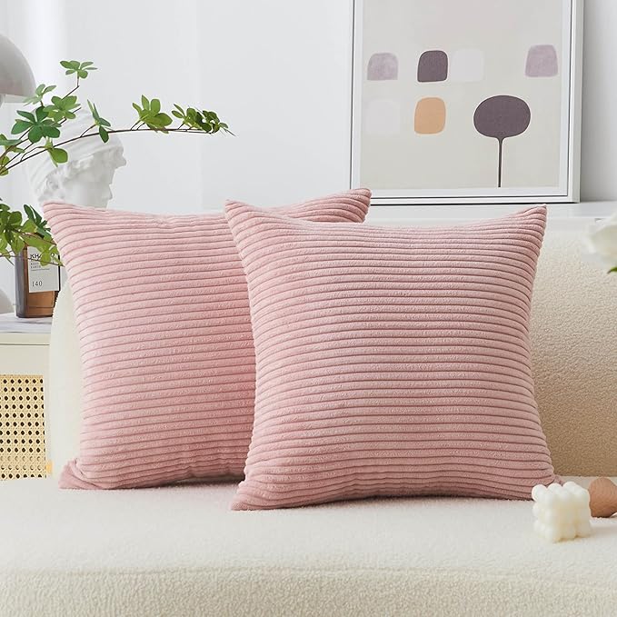 Home Brilliant Pillow Covers 16x16 Couch Pillow Covers Decor Striped Velvet Couch Cushion Covers 2 Pieces Throw Pillow Covers for Bed, 40x40cm, 16 x 16 Inch, Baby Pink