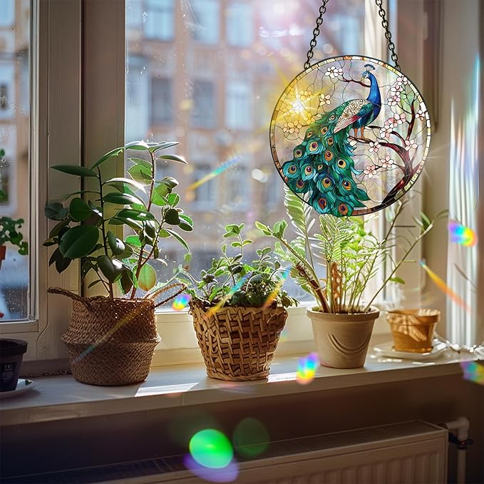Bimkole Peacock Sun Catchers Indoor Window - Animals Acrylic Suncatcher Hanging Decoration for Living Room Bedroom Summer Home Balcony Outdoor Garden Ornaments Decoration 7.8x7.8 Inch