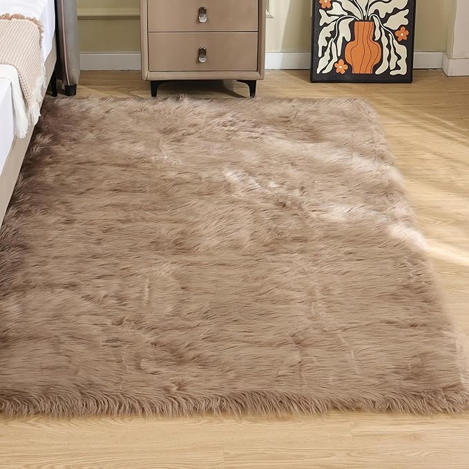 Faux Sheepskin Beige 3x5 Fluffy Fur Washable Area Rugs for Bedroom Shaggy Carpet for Living Room Nursery Rug Cute Home Décor