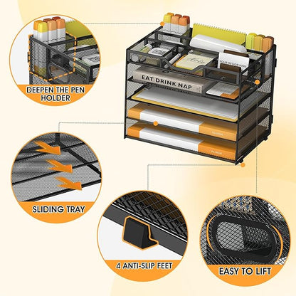 5 Tier Paper Letter Tray with 3 Drop-in Pen Holders, Mesh Desk File Organizer with Handle, Desk Organizers and Accessories for School,Home, Office Supplies Storage-Black