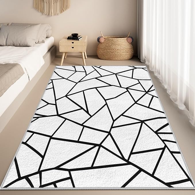 White and Black Rug - Black and White Rug, Geometric Area Rugs 6x8, Modern Abstract Rugs for Living Room Bedroom, Irregular Polygon Carpet Washable Non Slip Home Decor